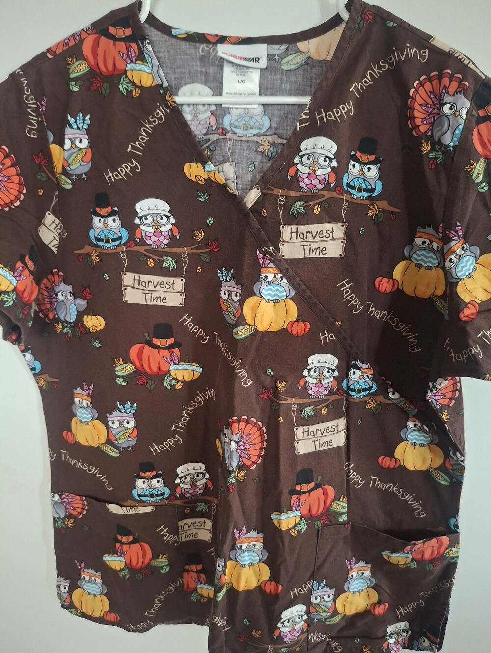 Scrubstar Thanksgiving Owl Scrub Top - Brown